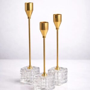 3 Piece Modern Gold Metal & Crystal Cube Candle Stand Set