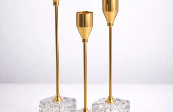 3 Piece Modern Gold Metal & Crystal Cube Candle Stand Set