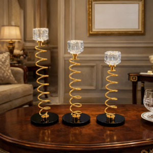 3 Piece Spiral Gold & Crystal Metal Candle Stand Set