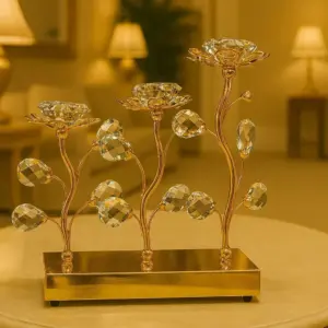3 Pieces Crystal Candle Stand Gold Decor