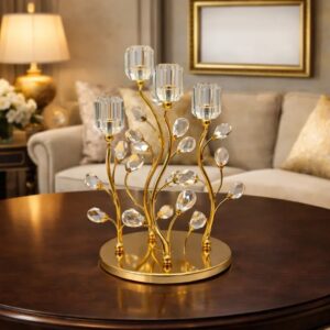 4 Cup Crystal & Gold Botanical Metal Candle Stand