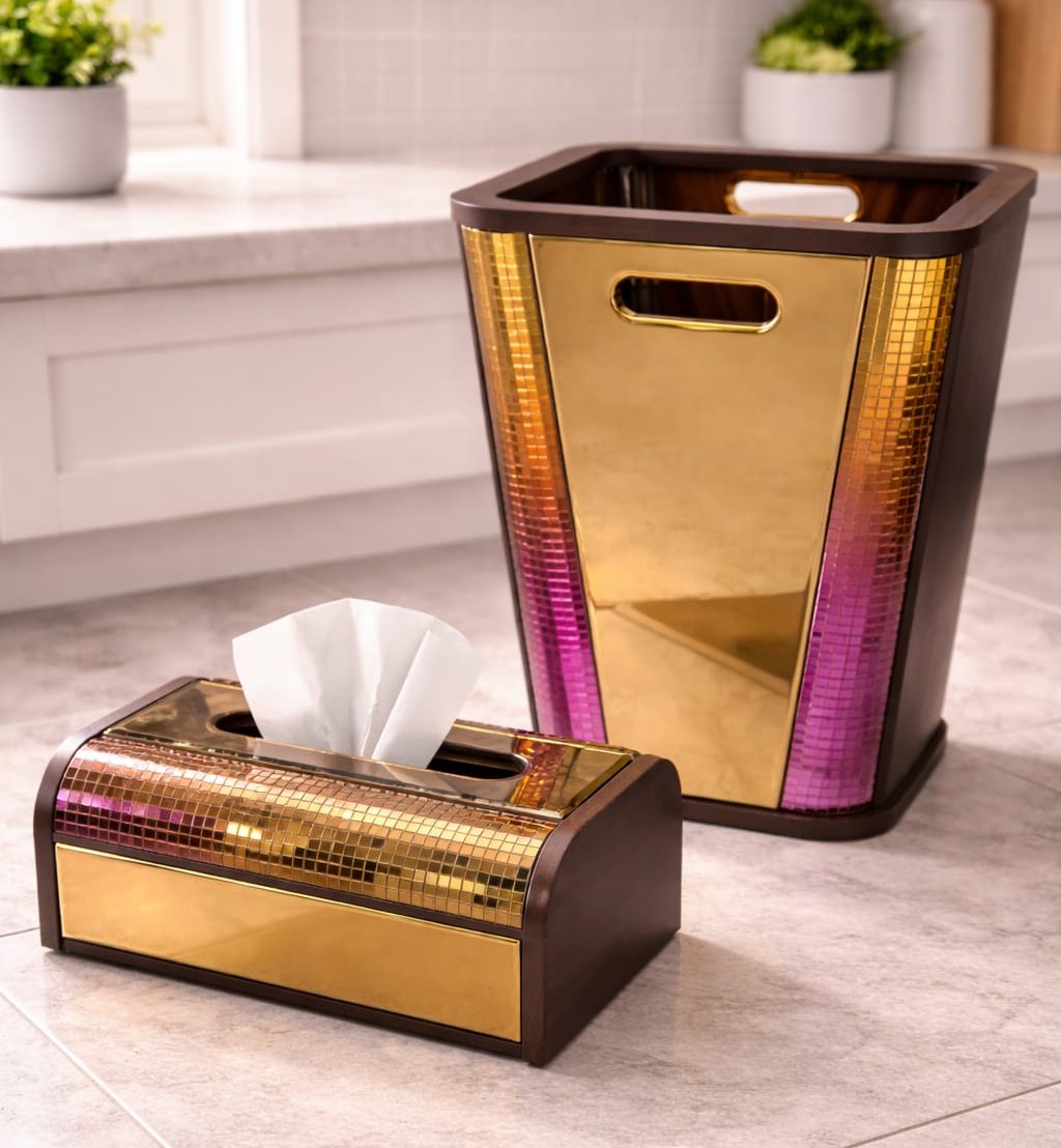 Crystal Luxe Wooden Dustbin & Tissue Box Set