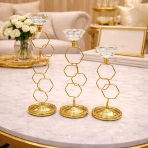 Geometric Hexagon Crystal Candle Stand 3 Piece Luxury Set