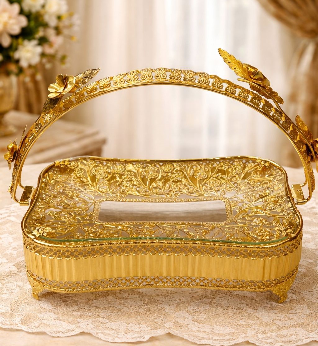 Gold Decorative Tray With Floral Metal Frame