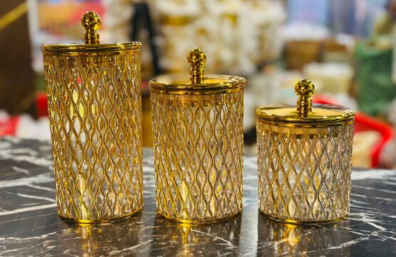 Set of 3 Luxury Golden Acrylic Storage Canisters with Lids | Decorative Jar Set