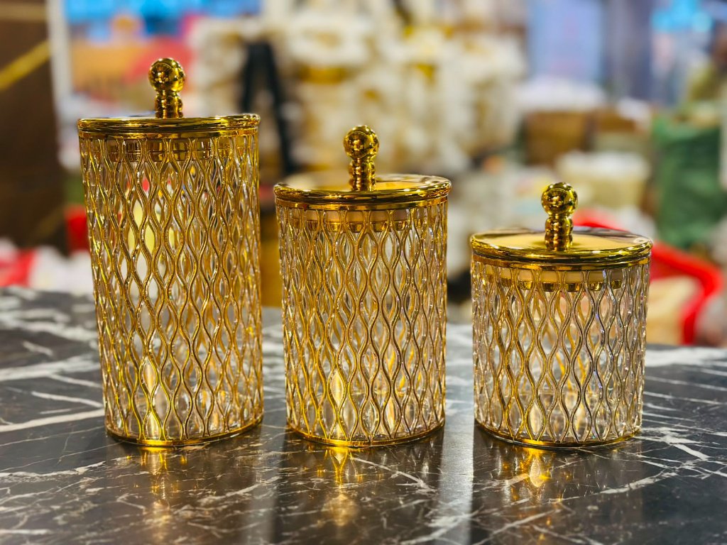 Set of 3 Luxury Golden Acrylic Storage Canisters with Lids | Decorative Jar Set