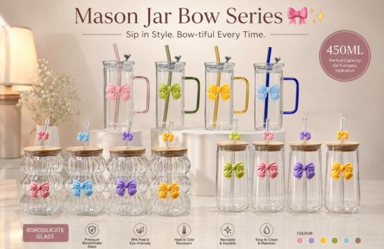 Luxury Mason Jar Bow Series – Premium Borosilicate Glass Tumblr with Straw & Lid (450ML)